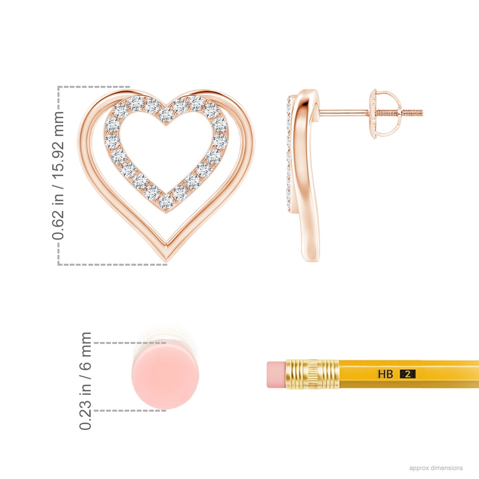1.4mm GVS2 Double Heart Diamond Stud Earrings in Rose Gold ruler
