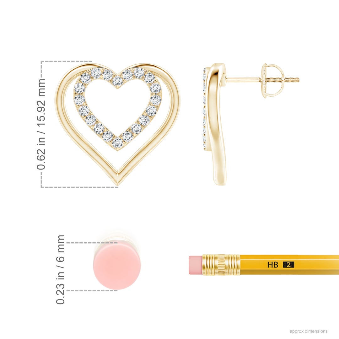 1.4mm GVS2 Double Heart Diamond Stud Earrings in Yellow Gold - ruler