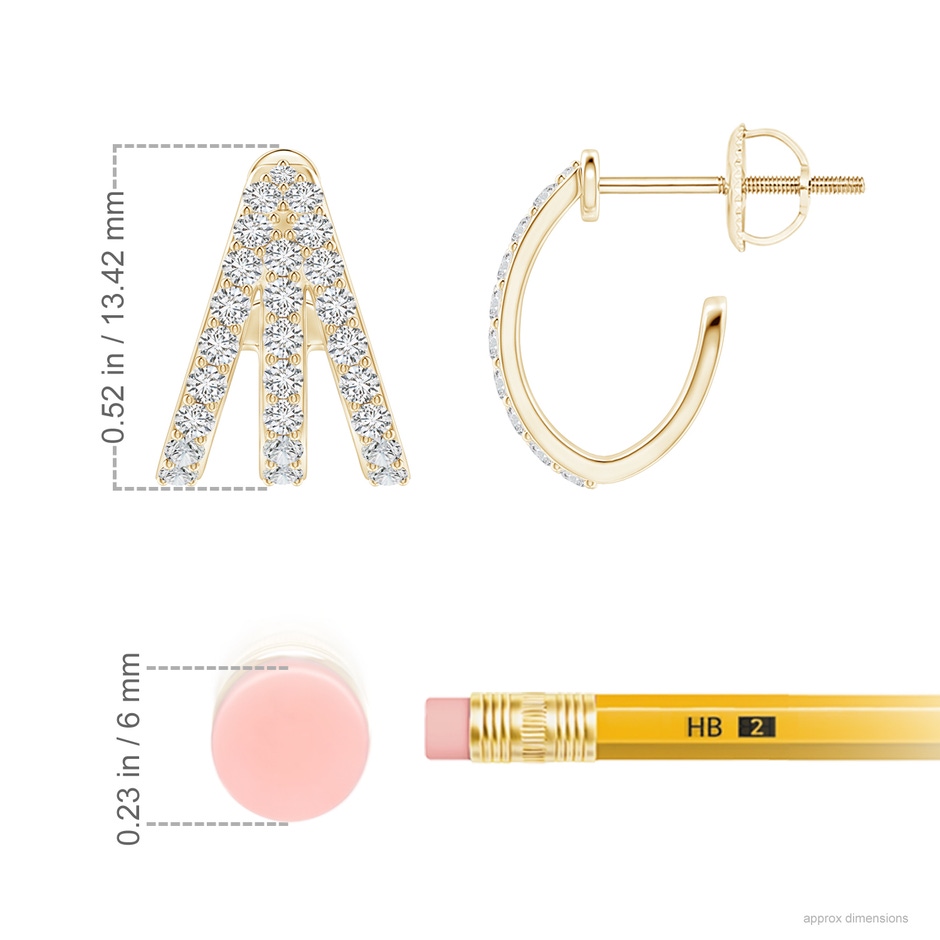 1.4mm HSI2 Diamond Trident Huggie Hoop Earrings in Yellow Gold ruler