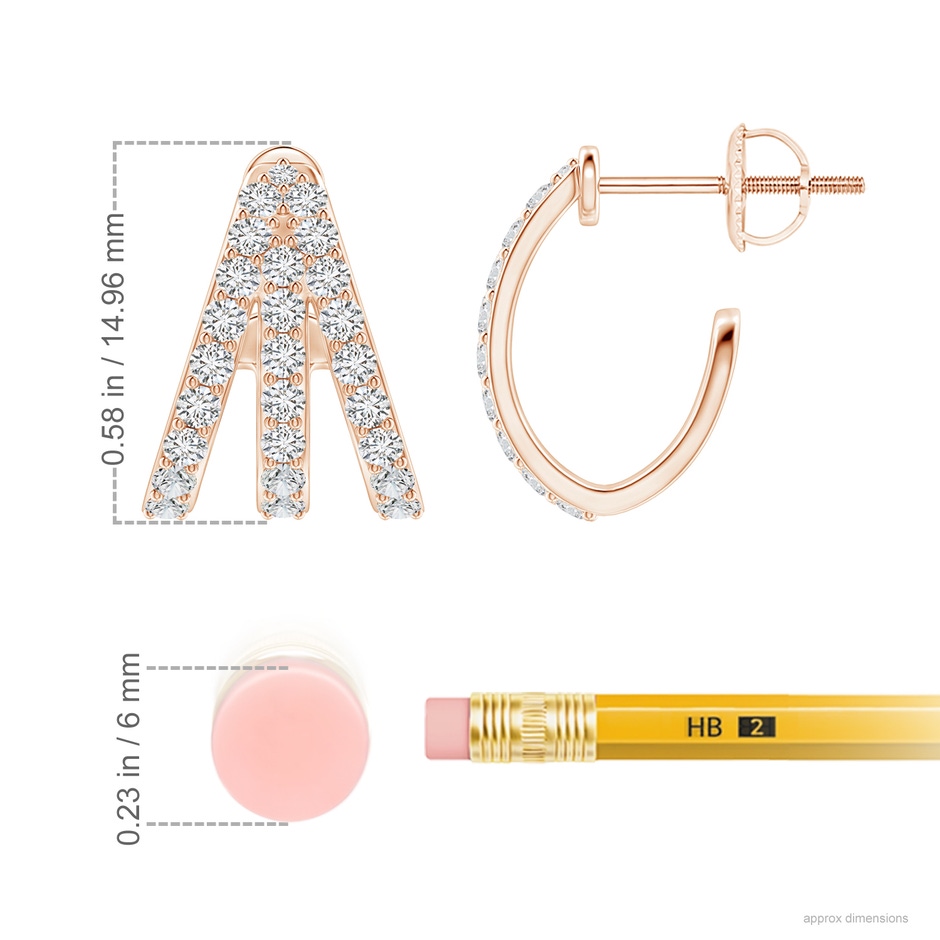 1.55mm HSI2 Diamond Trident Huggie Hoop Earrings in Rose Gold ruler