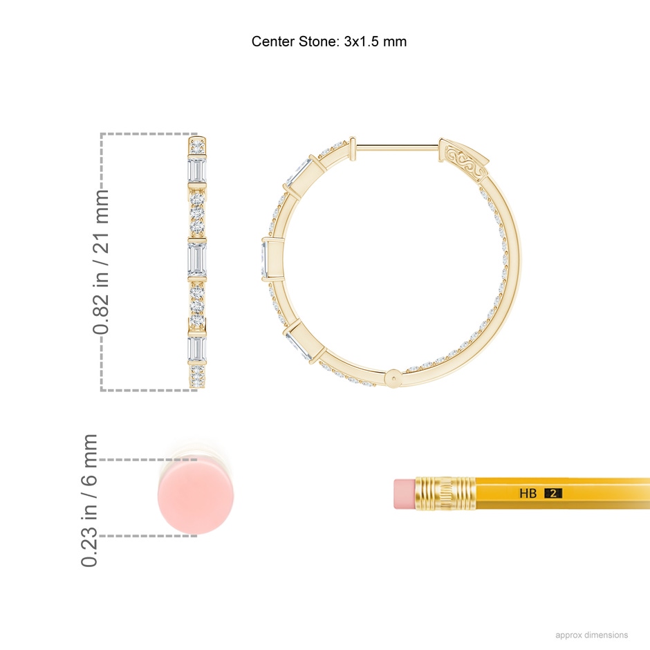 3x1.5mm GVS2 Bar-Set Baguette and Round Diamond Inside Out Hoop Earrings in Yellow Gold ruler