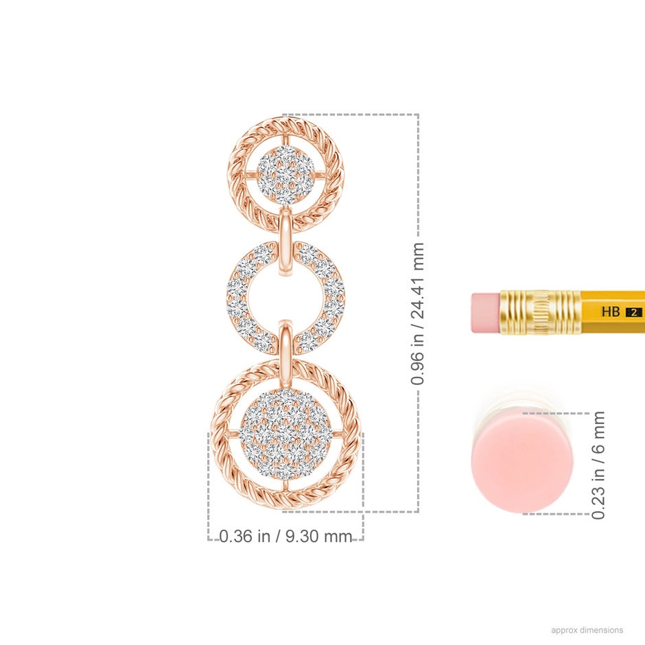 1.25mm HSI2 Twisted Wire Halo Diamond Three-Layer Dangle Earrings in Rose Gold ruler