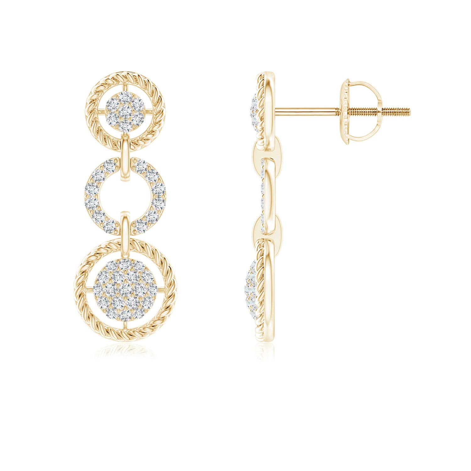 1mm GVS2 Twisted Wire Halo Diamond Three-Layer Dangle Earrings in 18K Yellow Gold
