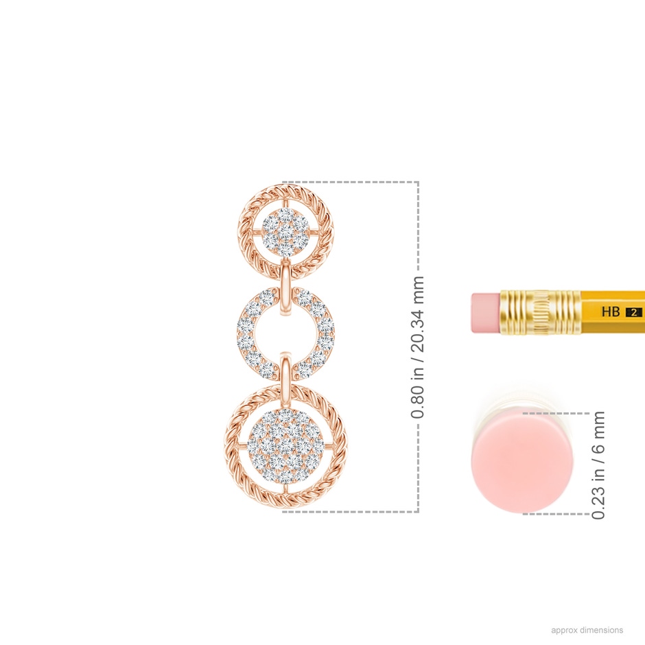 1mm GVS2 Twisted Wire Halo Diamond Three-Layer Dangle Earrings in Rose Gold ruler