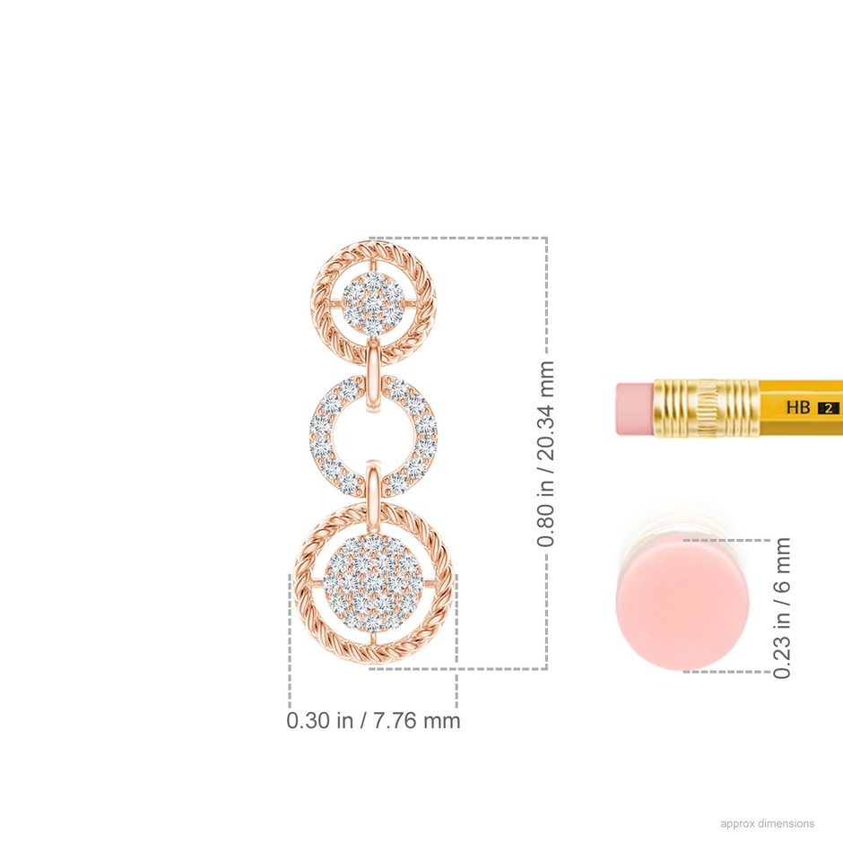 1mm GVS2 Twisted Wire Halo Diamond Three-Layer Dangle Earrings in Rose Gold ruler