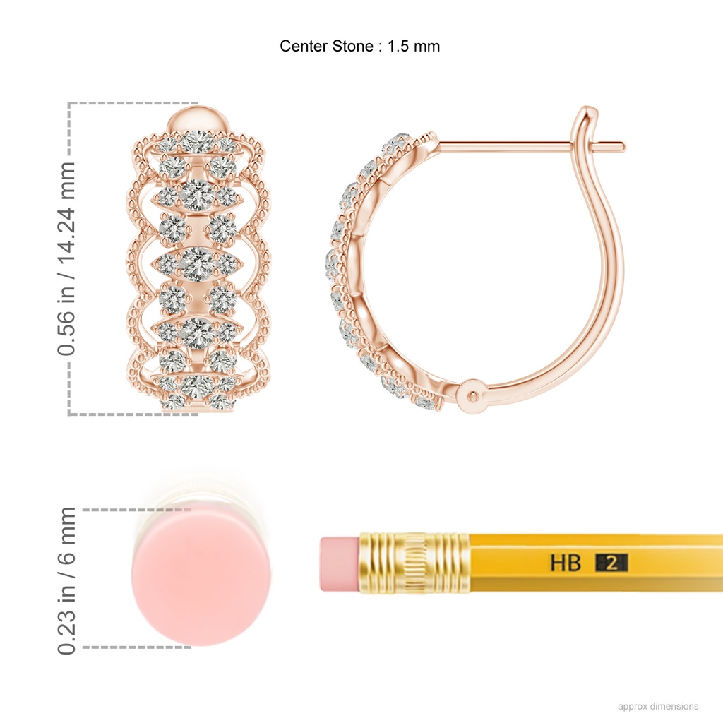1.5mm KI3 Art Deco Inspired Diamond Lace Pattern Hoop Earrings in Rose Gold Ruler