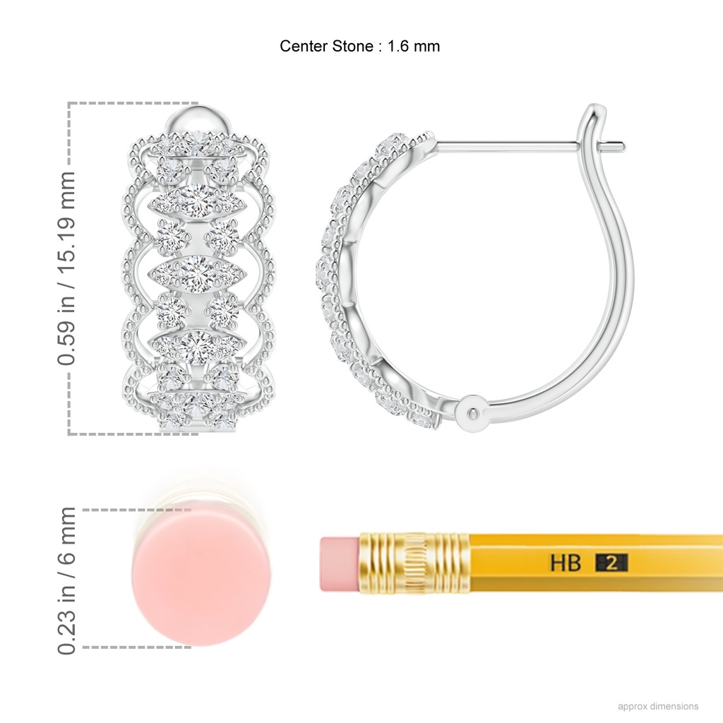 1.6mm HSI2 Art Deco Inspired Diamond Lace Pattern Hoop Earrings in White Gold Ruler