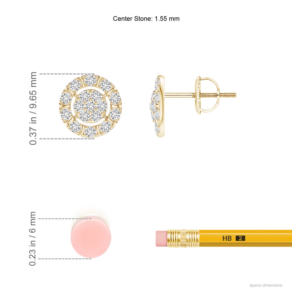 1.55mm HSI2 Diamond Cluster Stud Earrings with Halo in Yellow Gold ruler