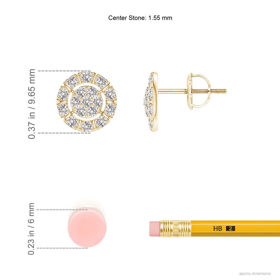1.55mm IJI1I2 Diamond Cluster Stud Earrings with Halo in Yellow Gold ruler