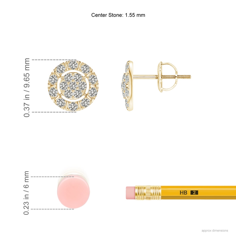 1.55mm KI3 Diamond Cluster Stud Earrings with Halo in Yellow Gold ruler