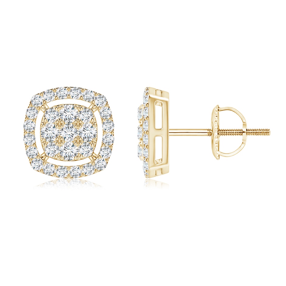 1.6mm GVS2 Cushion Cluster Diamond Stud Earrings with Halo in Yellow Gold 