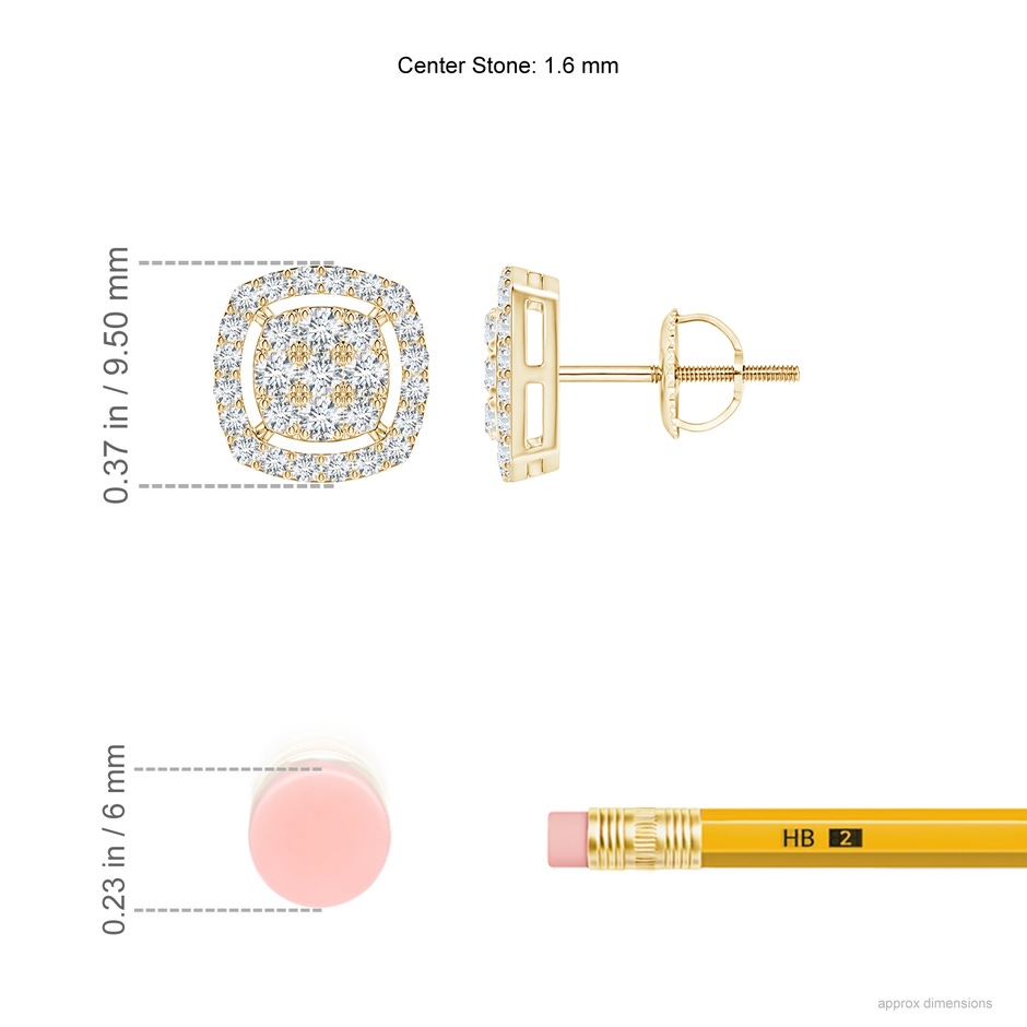 1.6mm GVS2 Cushion Cluster Diamond Stud Earrings with Halo in Yellow Gold ruler