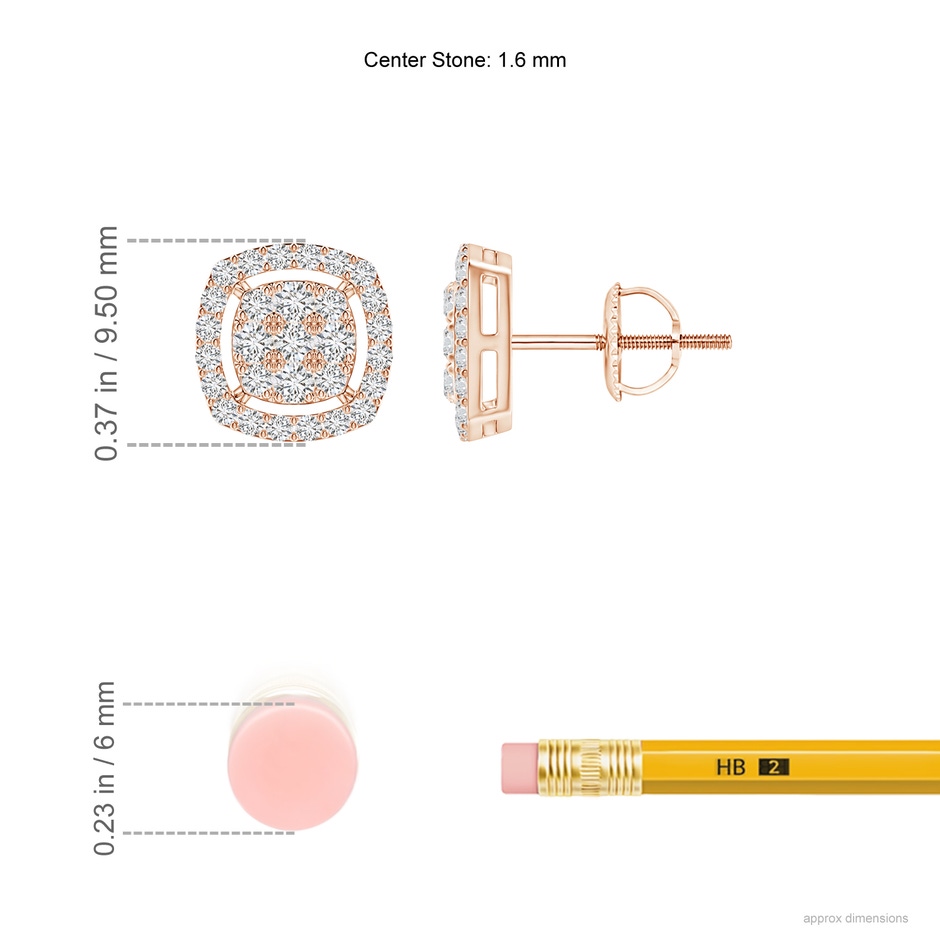 1.6mm HSI2 Cushion Clustre Diamond Stud Earrings with Halo in Rose Gold ruler