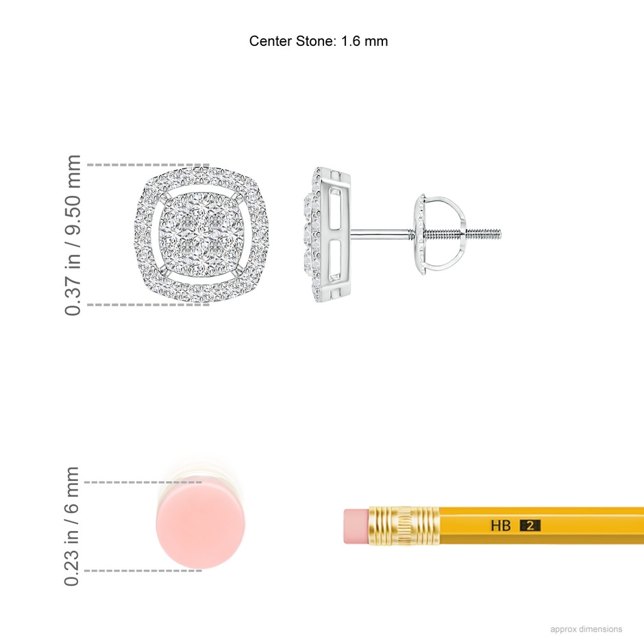 1.6mm HSI2 Cushion Cluster Diamond Stud Earrings with Halo in White Gold ruler