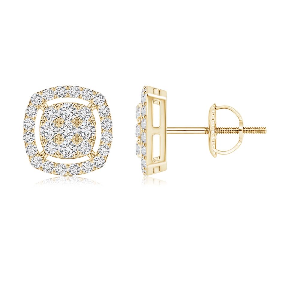 1.6mm HSI2 Cushion Cluster Diamond Stud Earrings with Halo in Yellow Gold 
