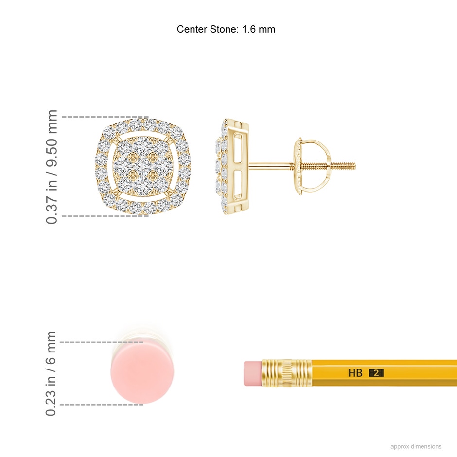 1.6mm HSI2 Cushion Cluster Diamond Stud Earrings with Halo in Yellow Gold ruler