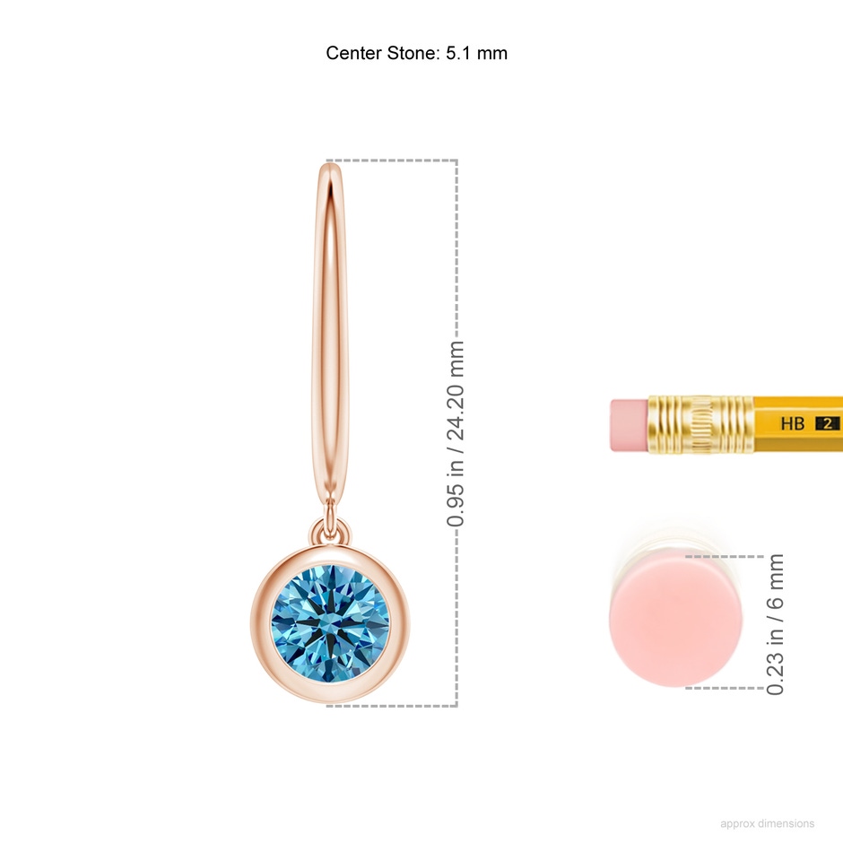 5.1mm AAAA Classic Bezel-Set Round Fancy Intense Blue Diamond Leverback Drop Earrings in Rose Gold ruler