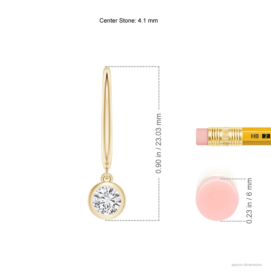 4.1mm HSI2 Classic Bezel-Set Round Diamond Leverback Drop Earrings in Yellow Gold ruler