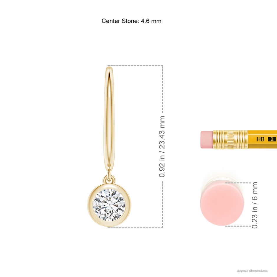 4.6mm HSI2 Classic Bezel-Set Round Diamond Leverback Drop Earrings in Yellow Gold ruler