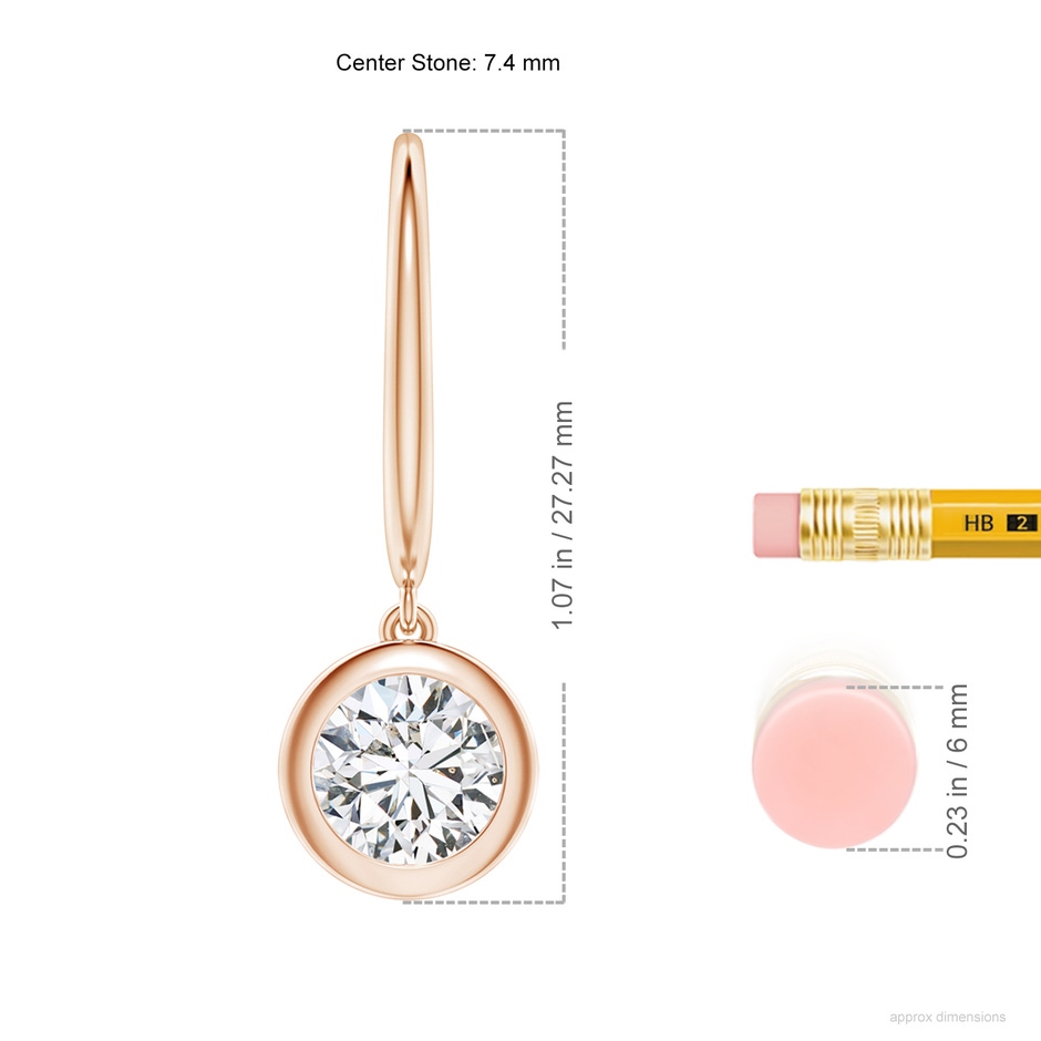 7.4mm HSI2 Classic Bezel-Set Round Diamond Leverback Drop Earrings in Rose Gold ruler
