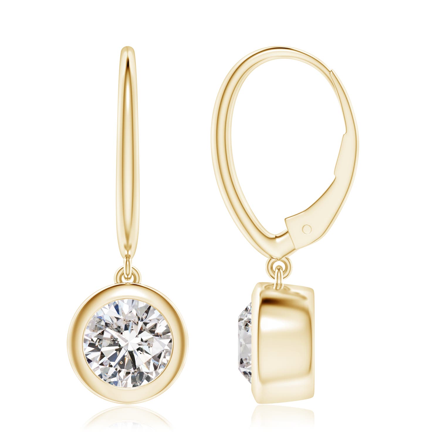 7.4mm IJI1I2 Classic Bezel-Set Round Diamond Leverback Drop Earrings in Yellow Gold