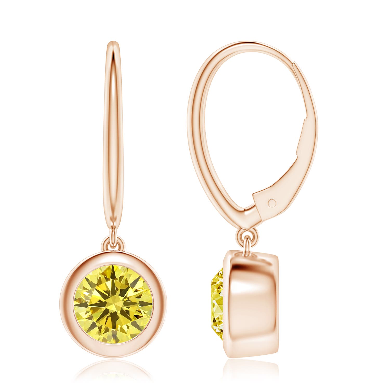 Angara 3.0 CTW Classic Bezel-Set Round Fancy Intense Yellow Diamond Leverback Drop Earrings in 14K Rose Gold