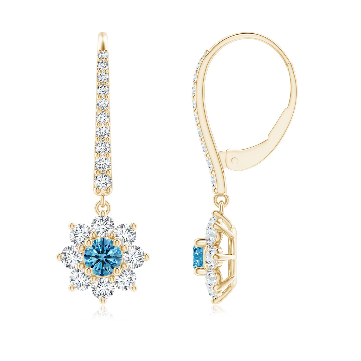 Angara 1.24 CTW Starburst Fancy Intense Blue Diamond Leverback Drop Earrings in 18K Yellow Gold