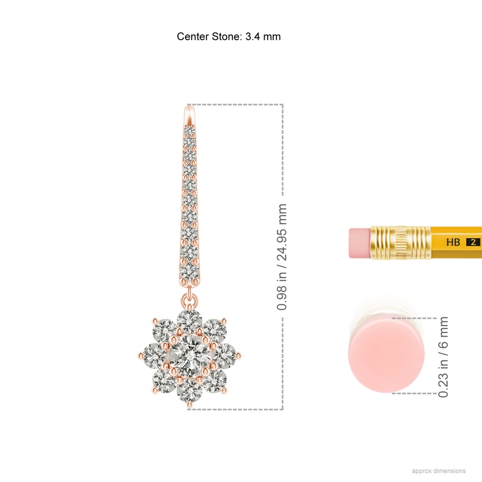 3.4mm KI3 Starburst Diamond Leverback Drop Earrings in Rose Gold ruler