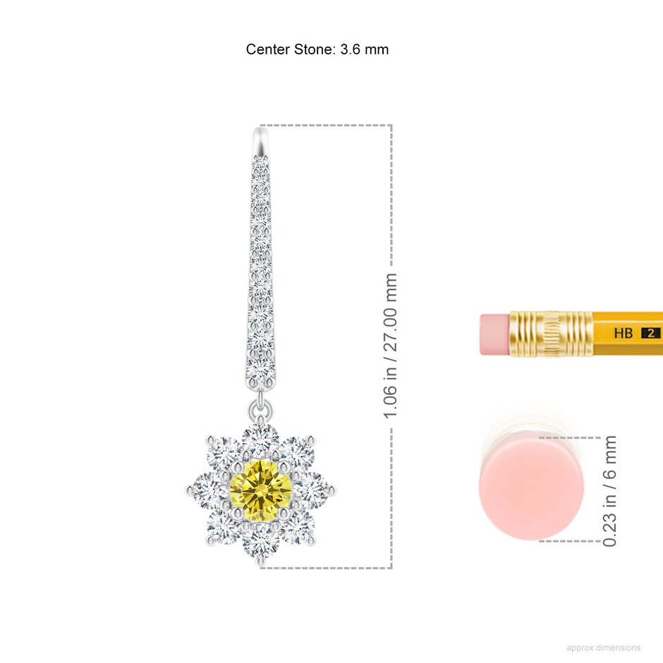 3.6mm AAAA Starburst Fancy Intense Yellow Diamond Leverback Drop Earrings in White Gold ruler