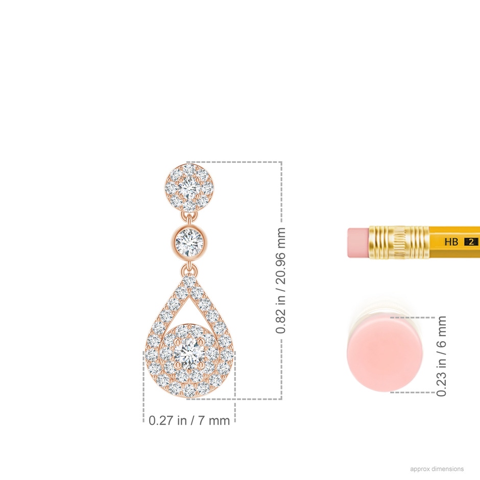 2.2mm GVS2 Diamond Double Halo Teardrop Dangle Earrings in Rose Gold ruler