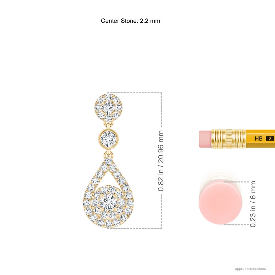 2.2mm GVS2 Diamond Double Halo Teardrop Dangle Earrings in Yellow Gold ruler