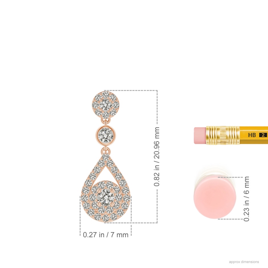 2.2mm KI3 Diamond Double Halo Teardrop Dangle Earrings in 18K Rose Gold ruler
