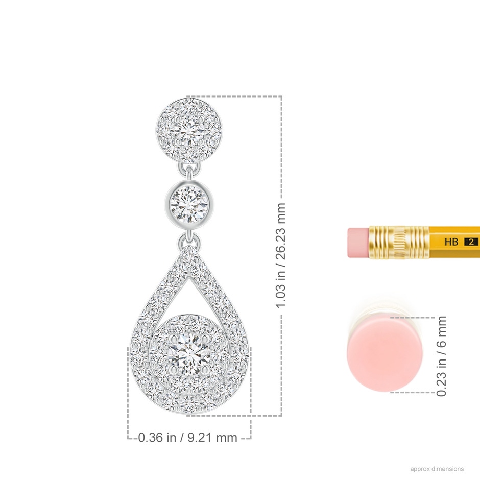 2.8mm HSI2 Diamond Double Halo Teardrop Dangle Earrings in 18K White Gold ruler