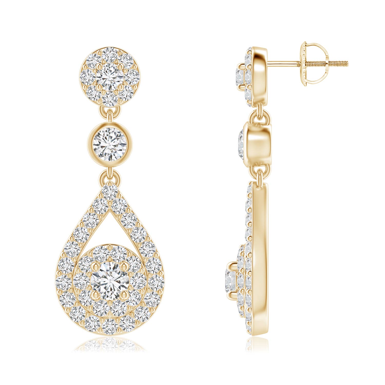 2.8mm HSI2 Diamond Double Halo Teardrop Dangle Earrings in 18K Yellow Gold