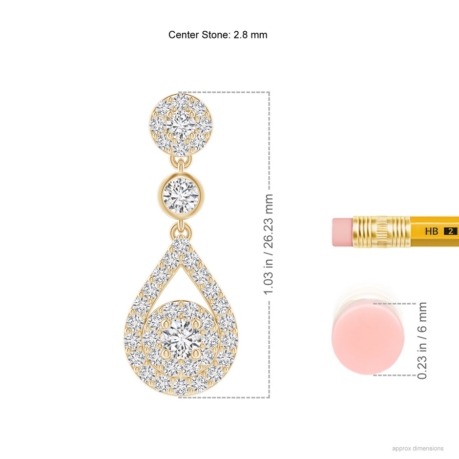 2.8mm HSI2 Diamond Double Halo Teardrop Dangle Earrings in Yellow Gold ruler