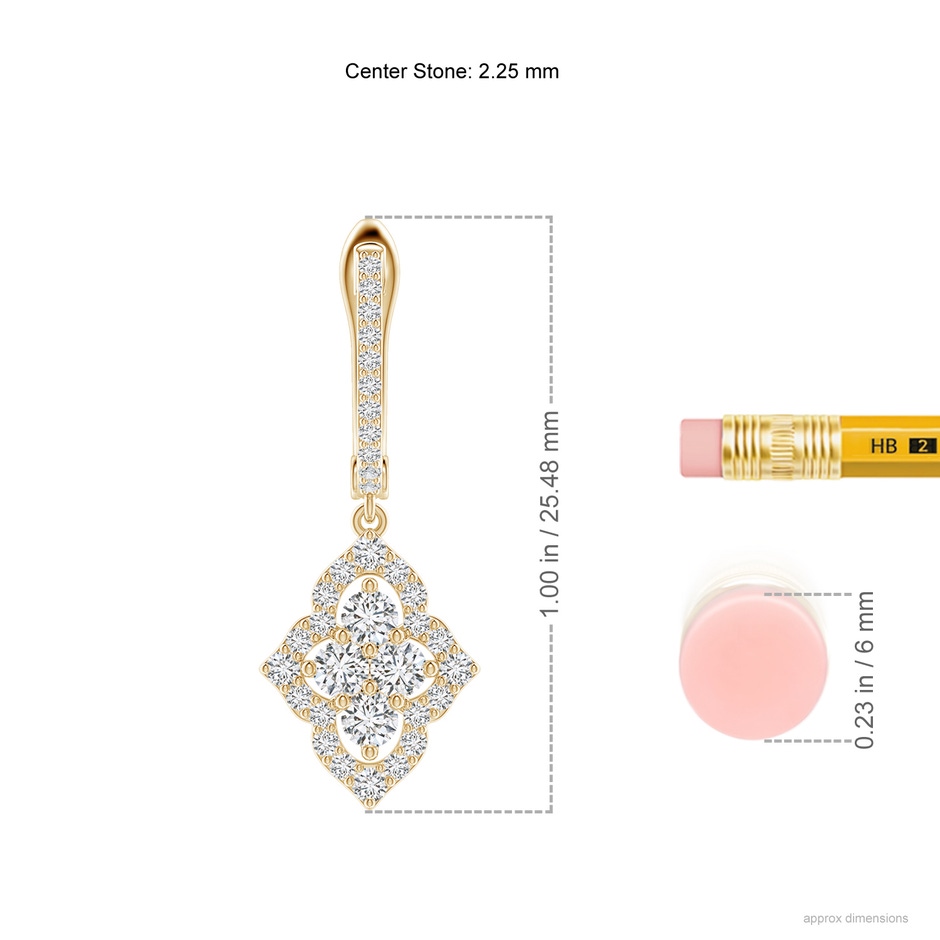 2.25mm HSI2 Four-Petal Floral Diamond Cluster Halo Drop Earrings in Yellow Gold ruler