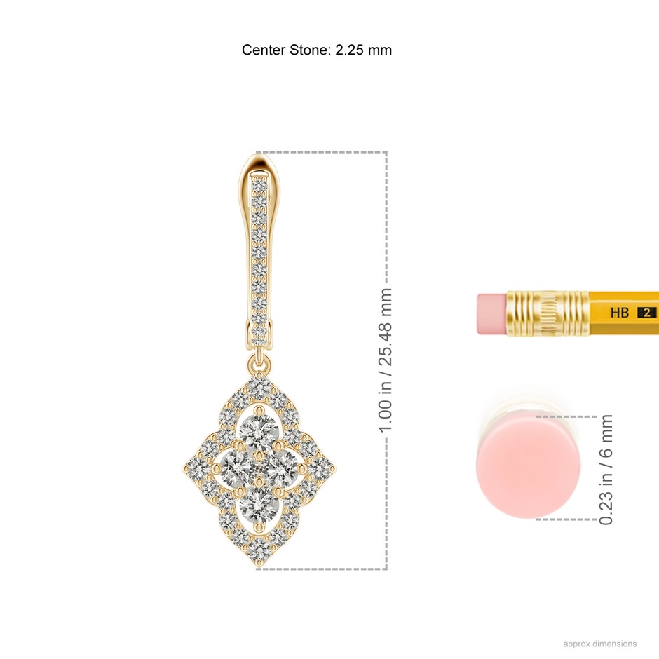 2.25mm KI3 Four-Petal Floral Diamond Clustre Halo Drop Earrings in Yellow Gold ruler