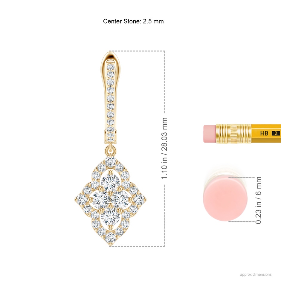2.5mm GVS2 Four-Petal Floral Diamond Cluster Halo Drop Earrings in Yellow Gold ruler