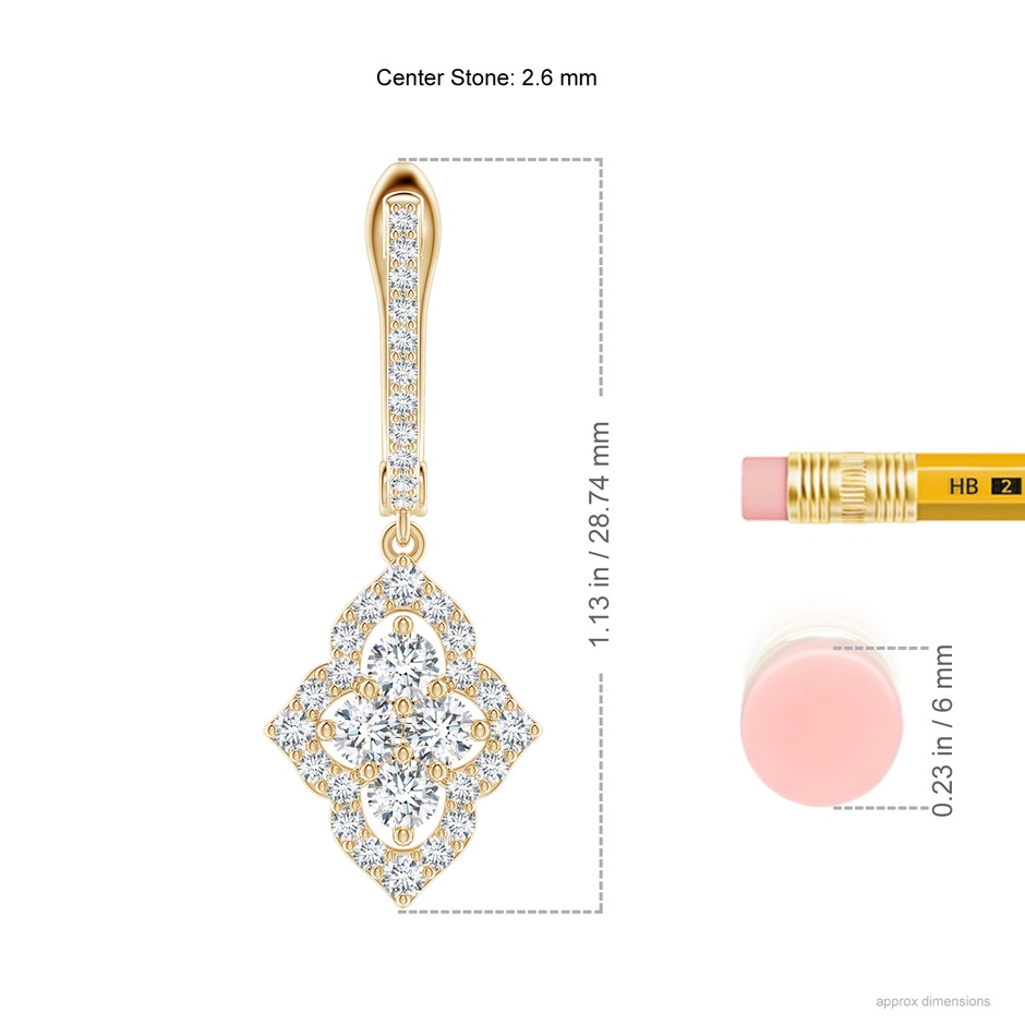 2.6mm GVS2 Four-Petal Floral Diamond Clustre Halo Drop Earrings in Yellow Gold ruler