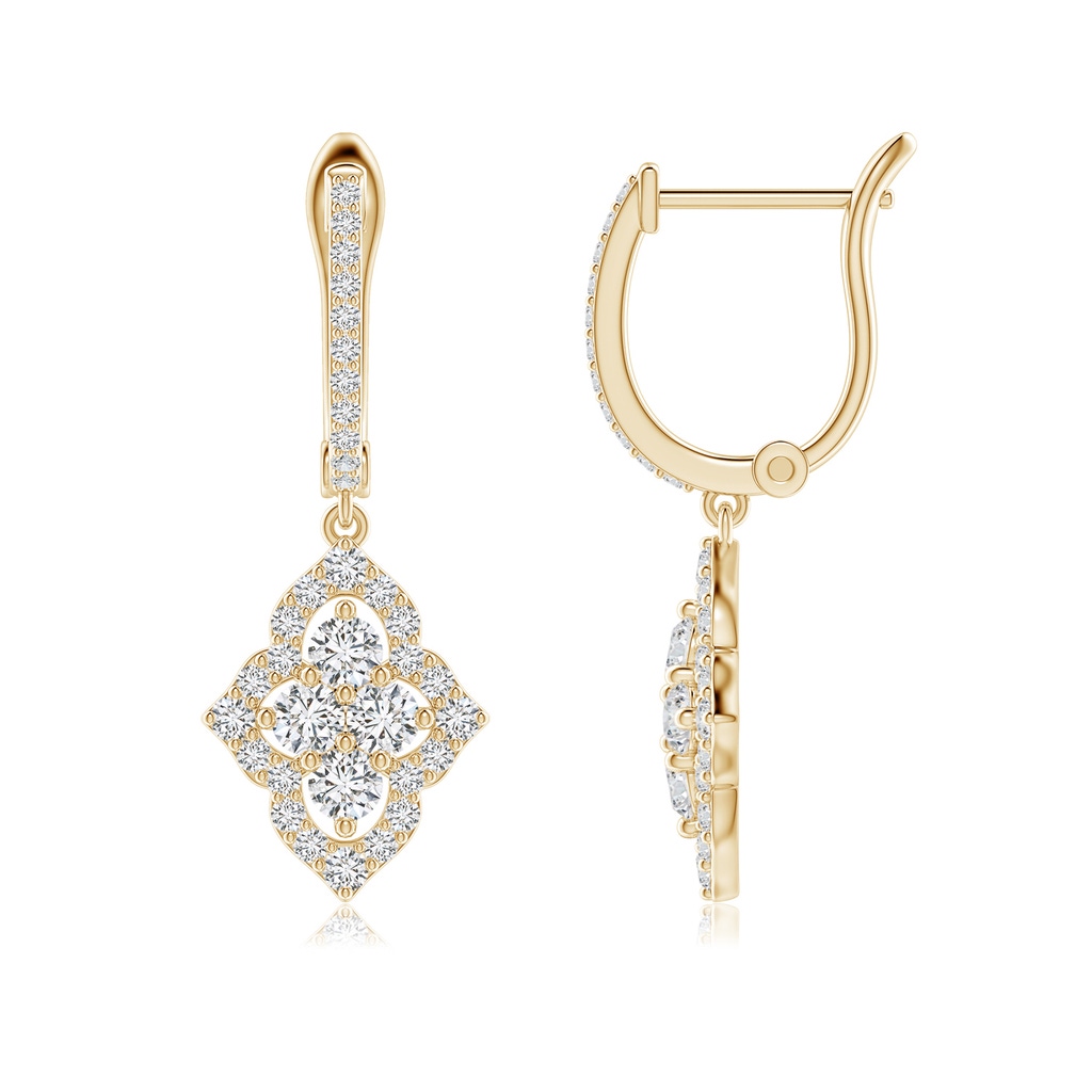 2.6mm HSI2 Four-Petal Floral Diamond Cluster Halo Drop Earrings in Yellow Gold