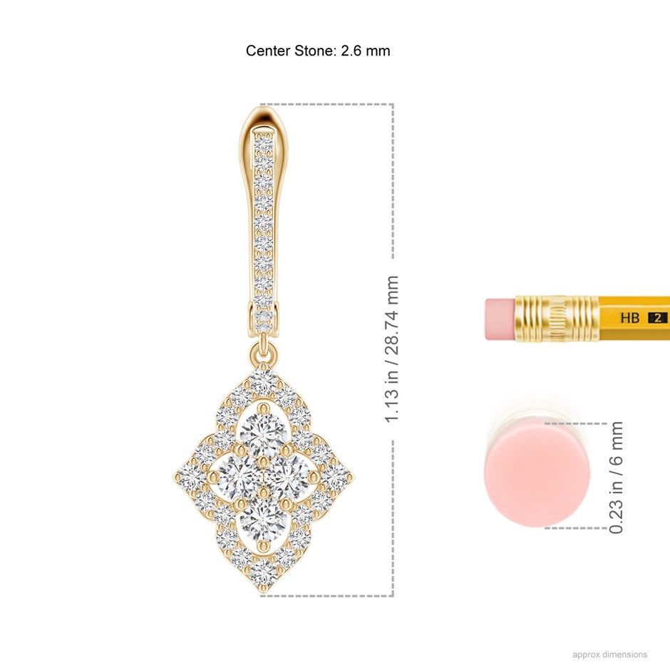 2.6mm HSI2 Four-Petal Floral Diamond Clustre Halo Drop Earrings in Yellow Gold ruler