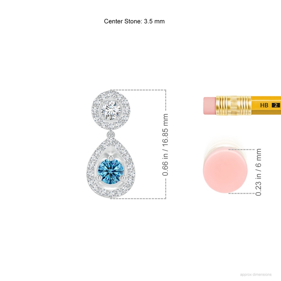 3.5mm AAAA Round Blue Diamond Teardrop Halo Earrings in P950 Platinum ruler