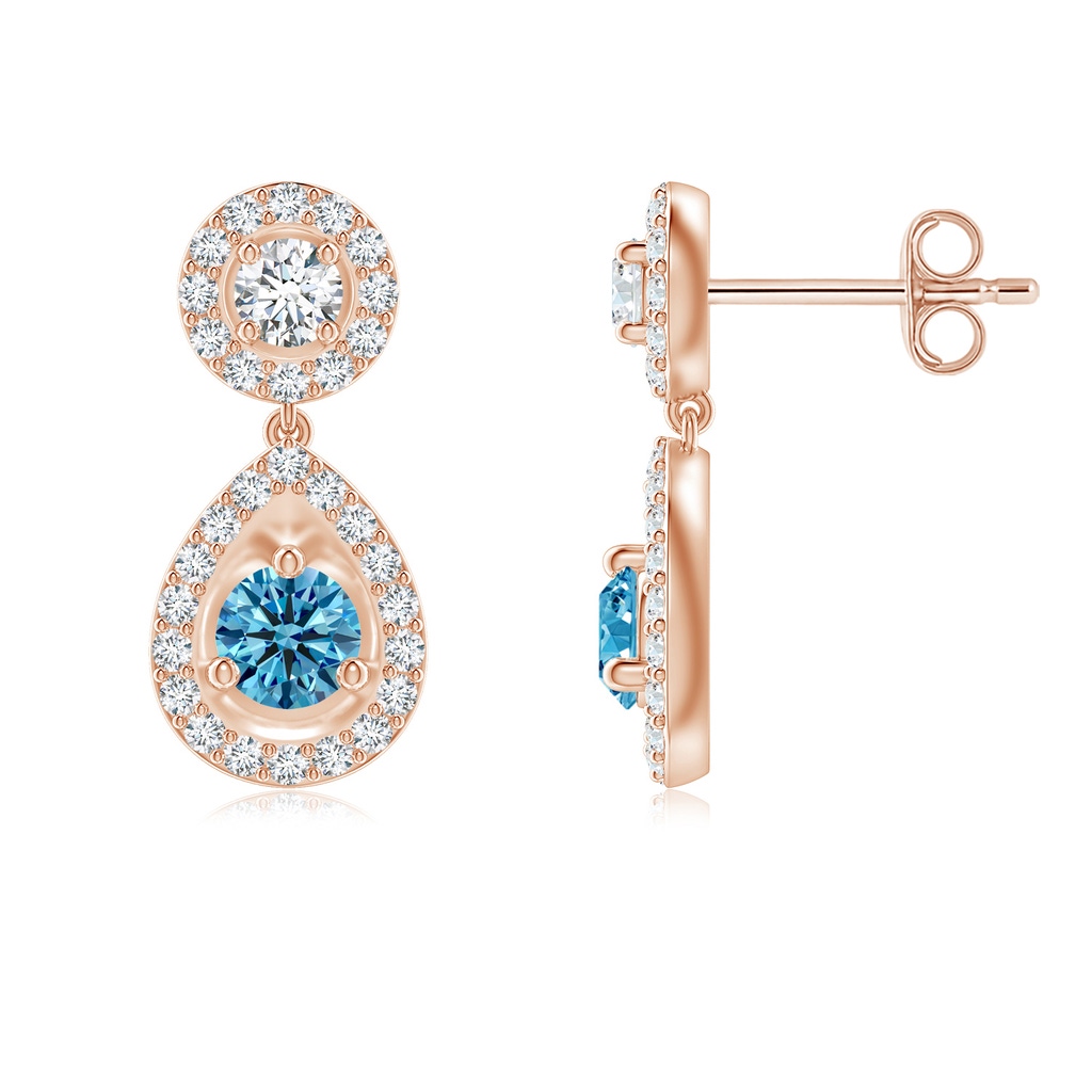 3.5mm AAAA Round Blue Diamond Teardrop Halo Earrings in Rose Gold