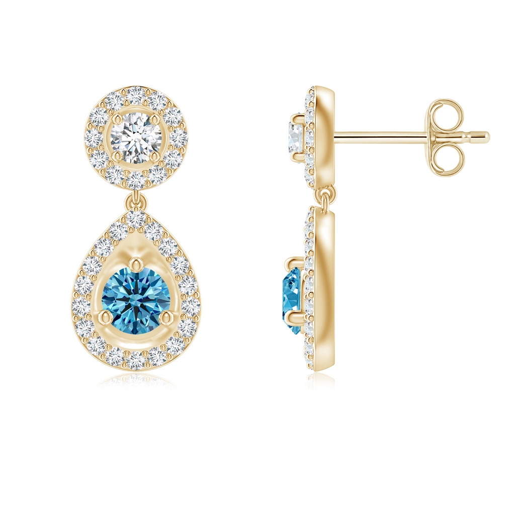 3.5mm AAAA Round Blue Diamond Teardrop Halo Earrings in Yellow Gold