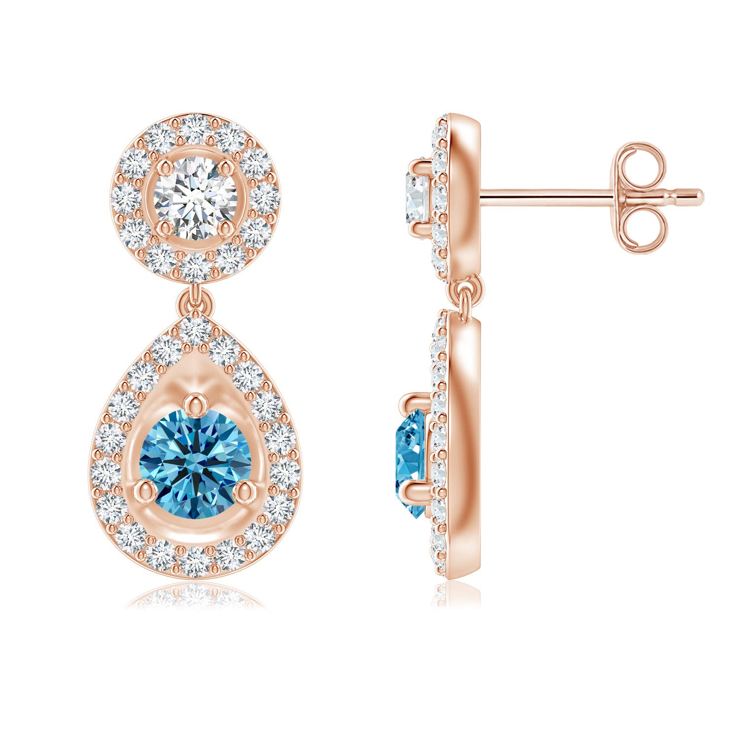 Angara 1.15 CTW Round Blue Diamond Teardrop Halo Earrings in 14K Rose Gold