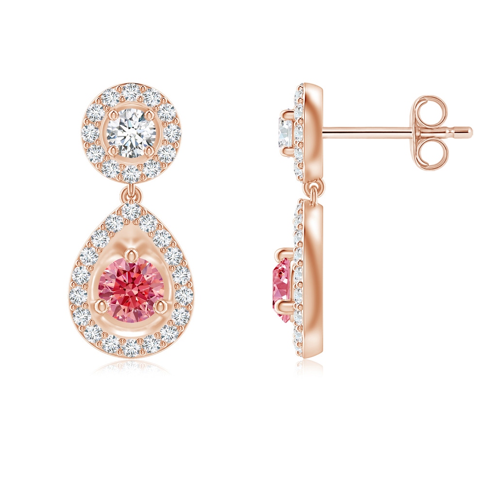 3.5mm AAAA Round Fancy Intense Pink Diamond Teardrop Halo Earrings in Rose Gold