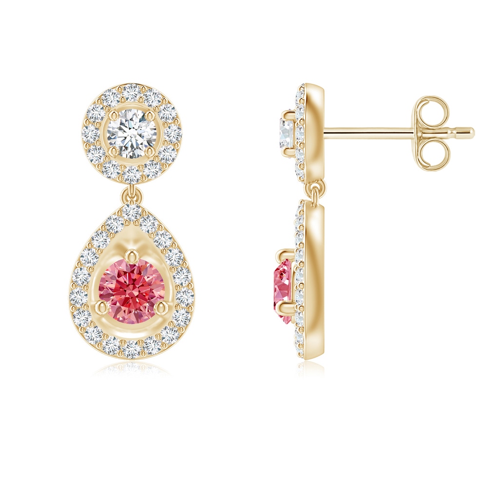 3.5mm AAAA Round Fancy Intense Pink Diamond Teardrop Halo Earrings in Yellow Gold