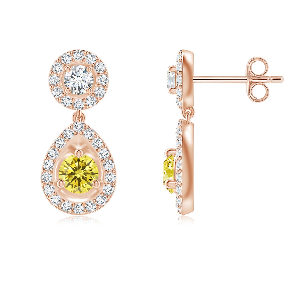 3.5mm AAAA Round Fancy Intense Yellow Diamond Teardrop Halo Earrings in Rose Gold