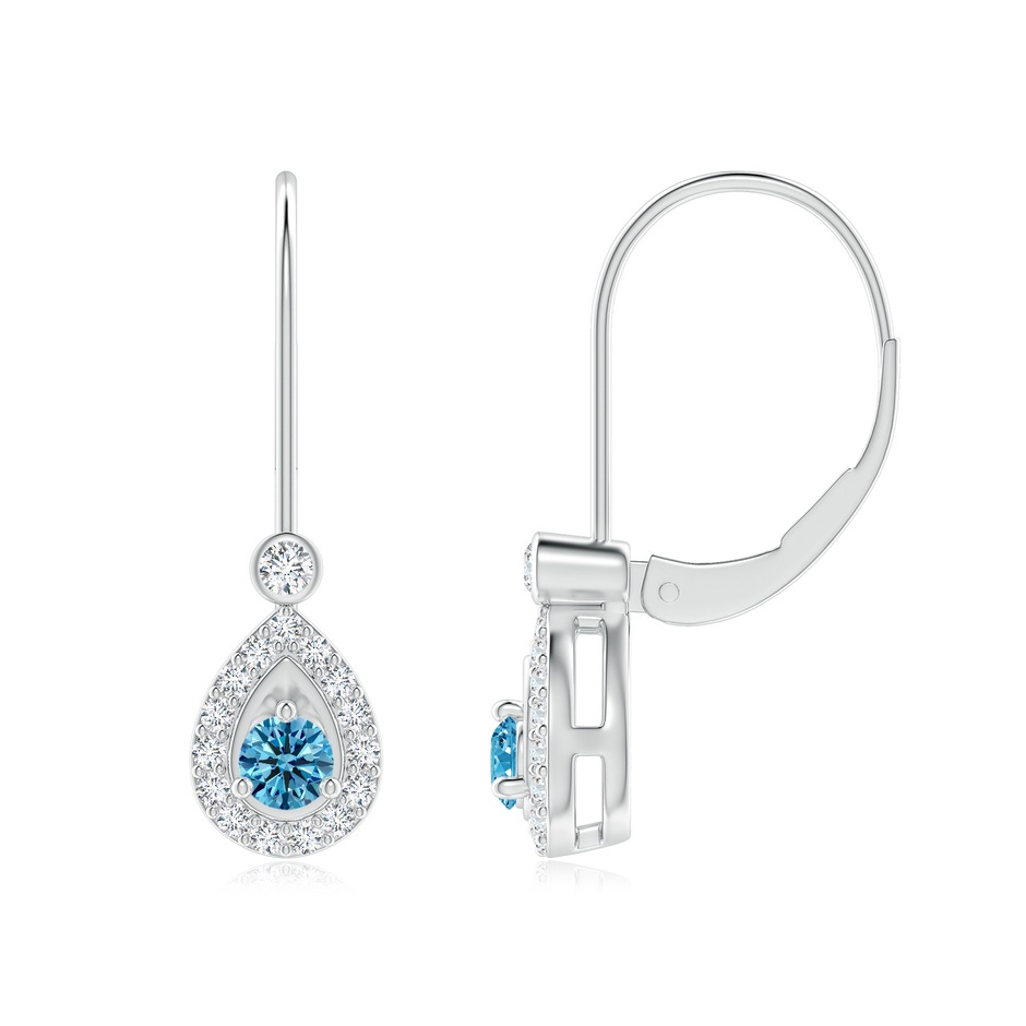 3.2mm AAAA Round Fancy Intense Blue Diamond Teardrop Halo Leverback Earrings in P950 Platinum 