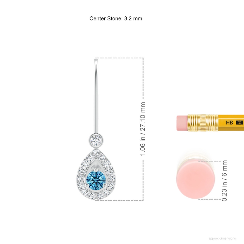 3.2mm AAAA Round Fancy Intense Blue Diamond Teardrop Halo Leverback Earrings in P950 Platinum ruler